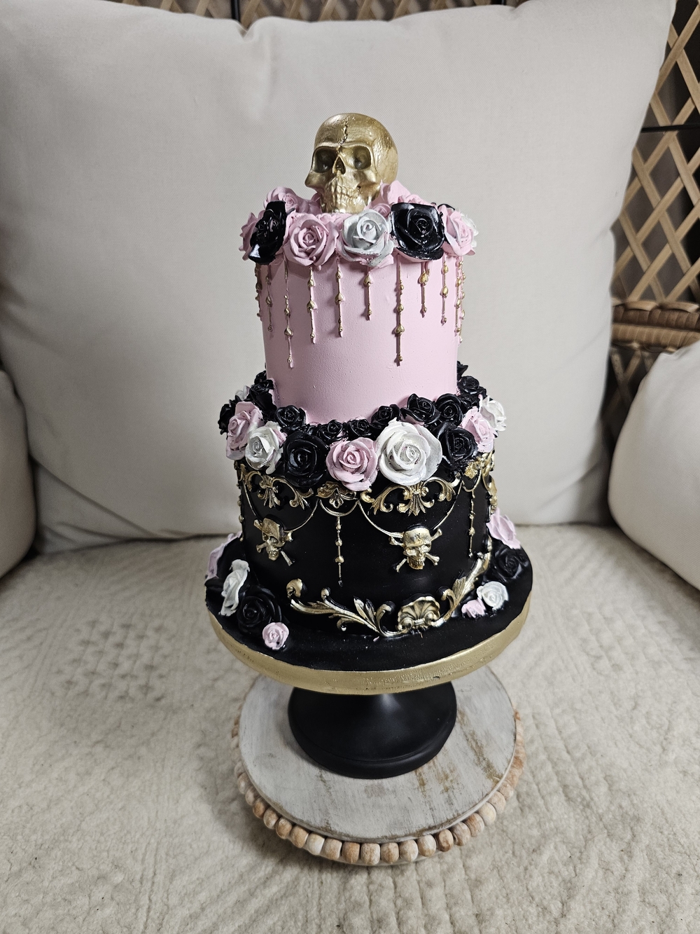 Gothic Skull Roses 2 Tier Halloween Cake Decor pink and black
